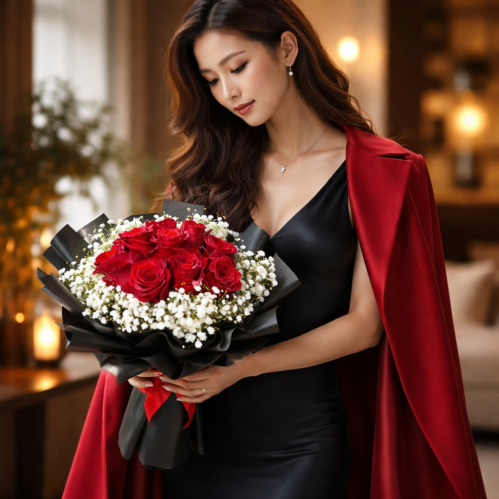 Midnight Ember (Roses, Baby's Breath) | Fresh Bouquet