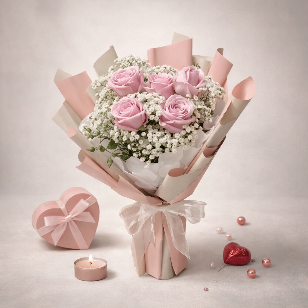 Morning Blush (Roses, Baby's Breath) | Fresh Flower Bouquet