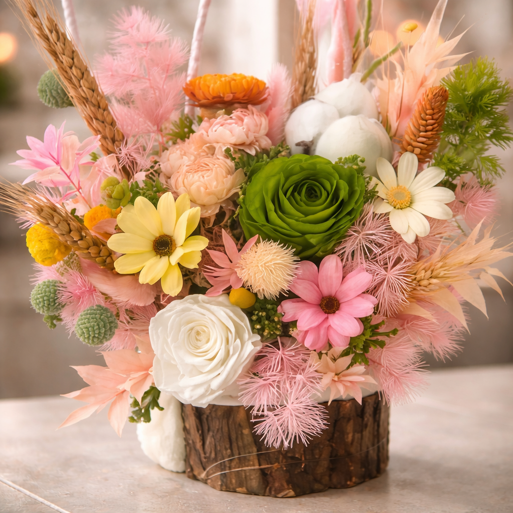 Pastel Reverie (Green Roses, Daisies, Cotton) | Preserved Flower Bouquet