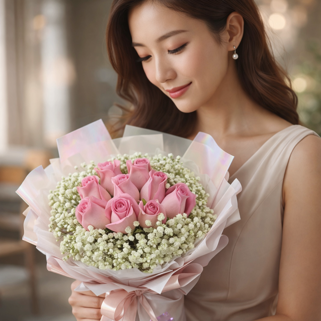 Pink Aurora (Roses, Baby's Breath) | Flower Bouquet