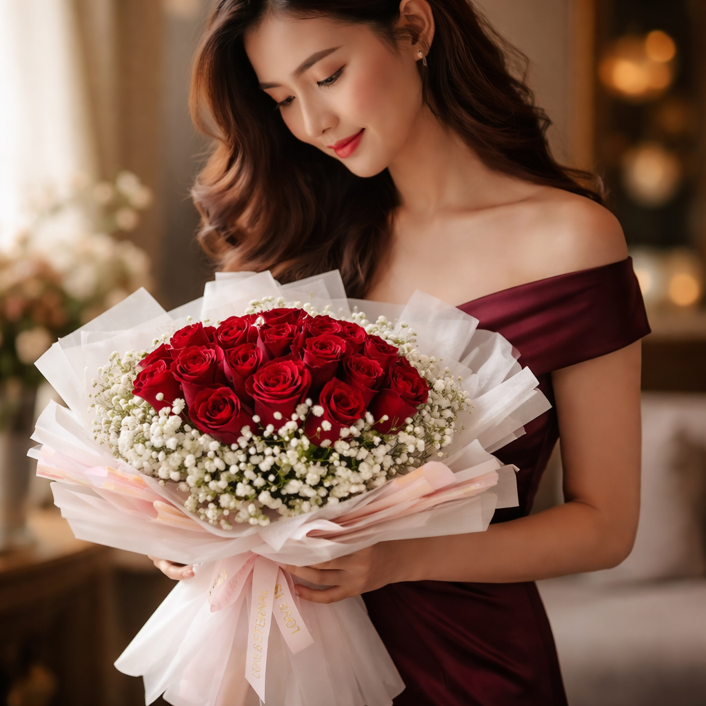 Red Velvet Whirl (Roses, Baby's Breath) | Flower Bouquet