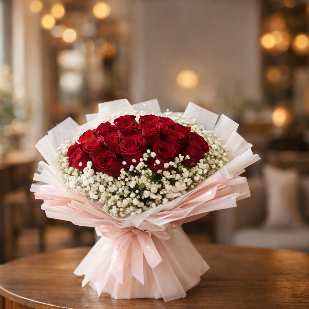 Red Velvet Whirl (Roses, Baby's Breath) | Flower Bouquet