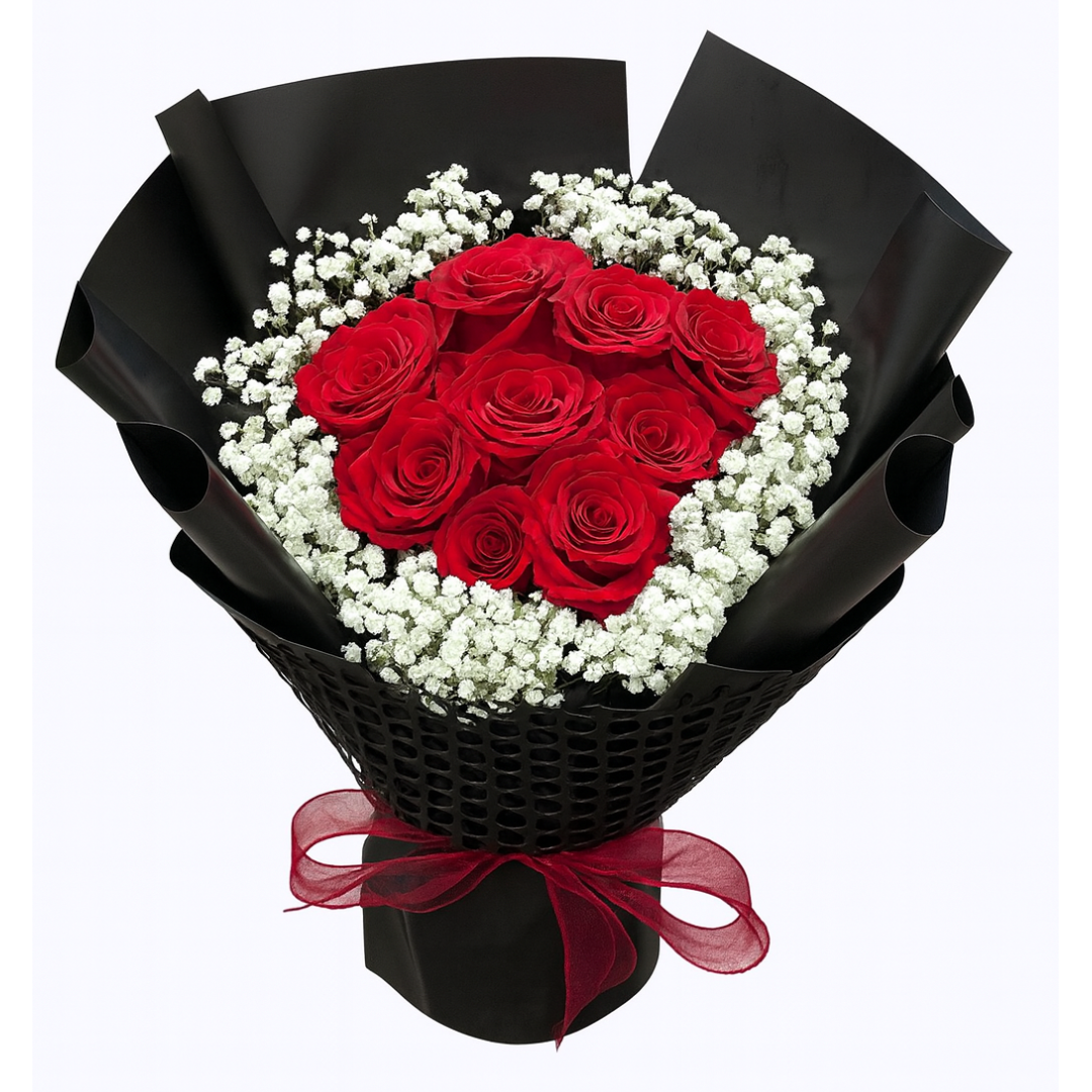 Midnight Devotion (Roses, Baby's Breath) | Fresh Flower Bouquet