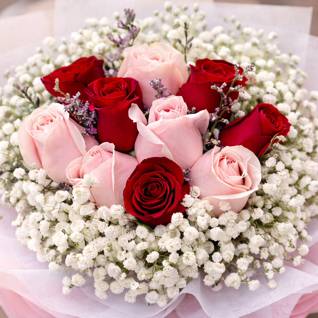 Rosette Kiss (Roses, Baby’s Breath, Caspia) | Fresh Flower Bouquet