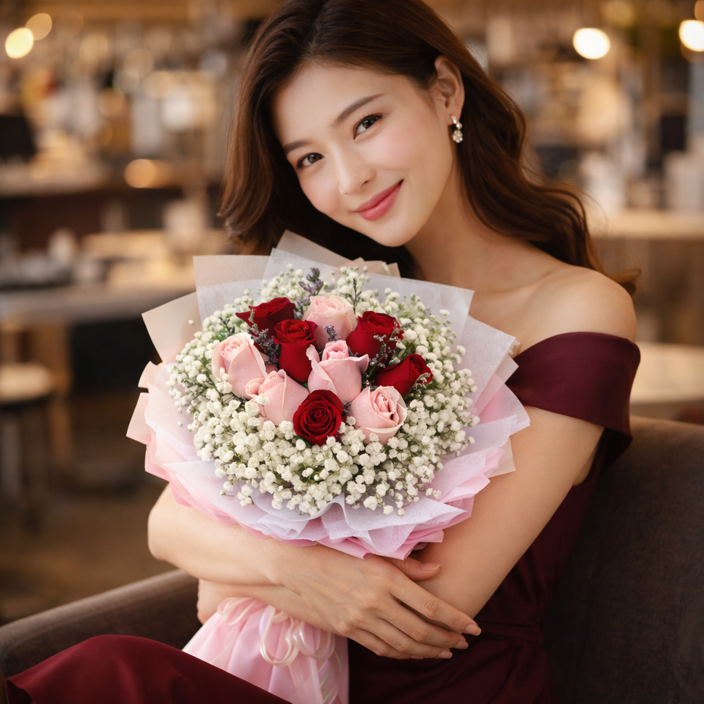 Rosette Kiss (Roses, Baby’s Breath, Caspia) | Fresh Flower Bouquet