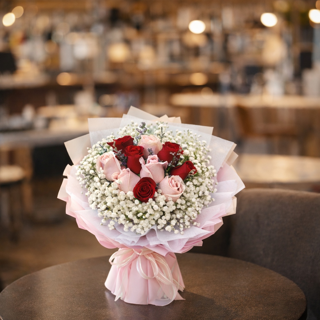 Rosette Kiss (Roses, Baby’s Breath, Caspia) | Fresh Flower Bouquet
