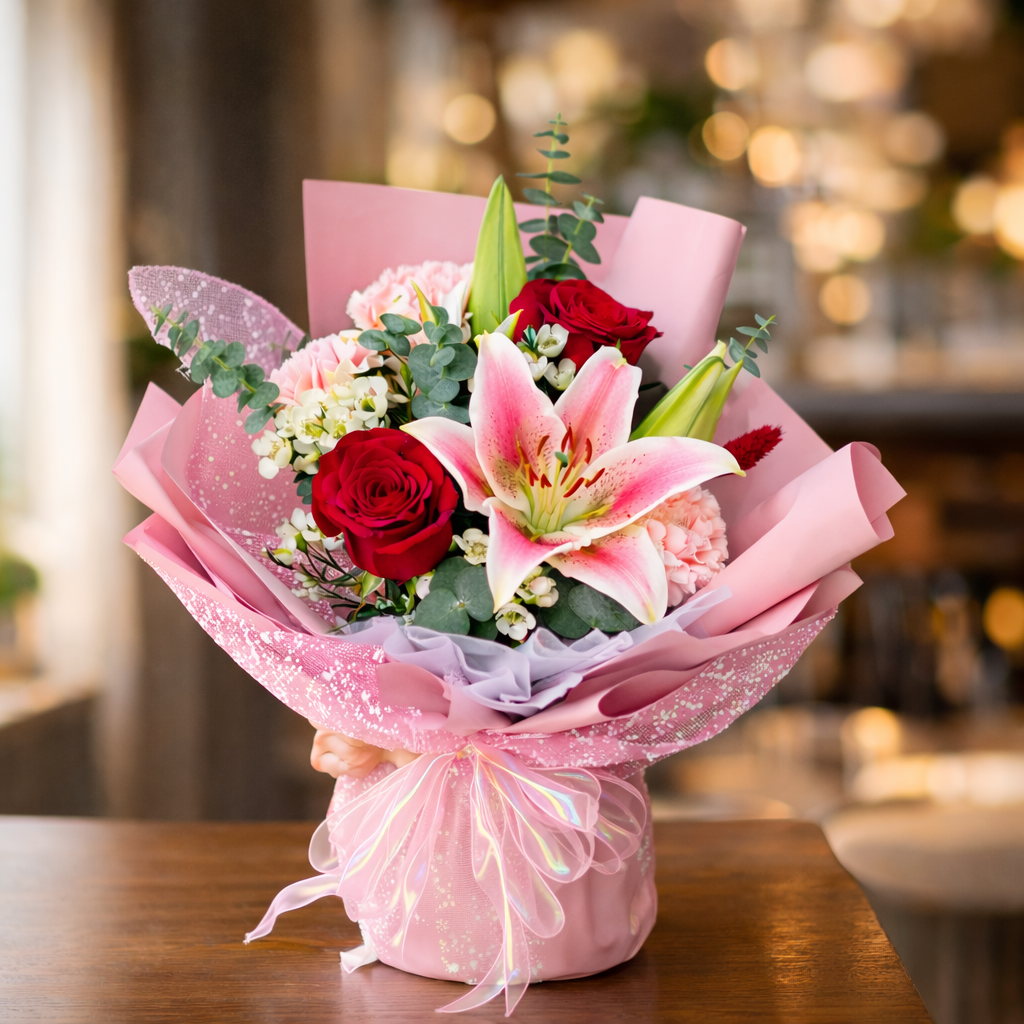 Rosy Starlight (Lilies, Red Roses, Carnations) | Fresh Flower Bouquet