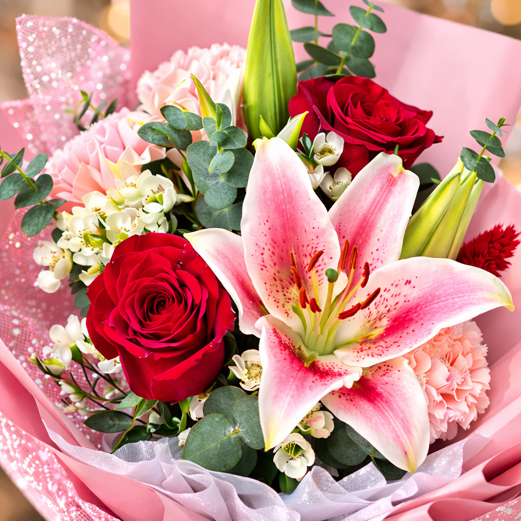 Rosy Starlight (Lilies, Red Roses, Carnations) | Fresh Flower Bouquet