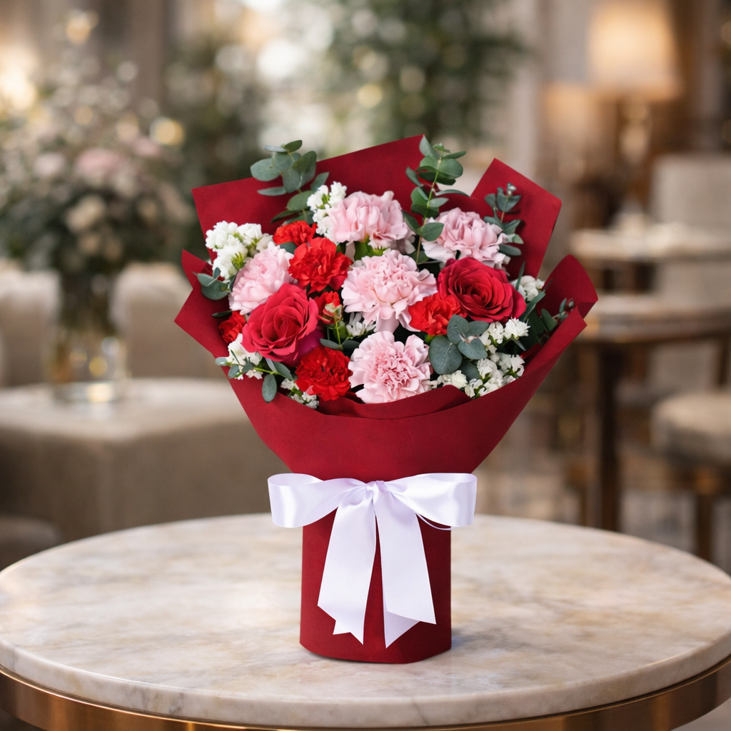 Scarlet Grace (Carnations, Roses, Statice) | Flower Bouquet