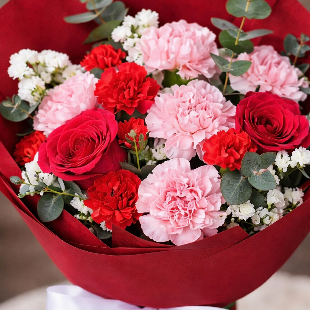 Scarlet Grace (Carnations, Roses, Statice) | Flower Bouquet