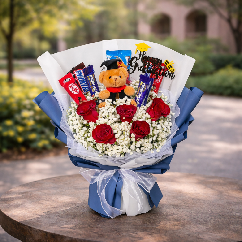 Scholar’s Delight (Roses, Baby's Breath) | Chocolate Bouquet