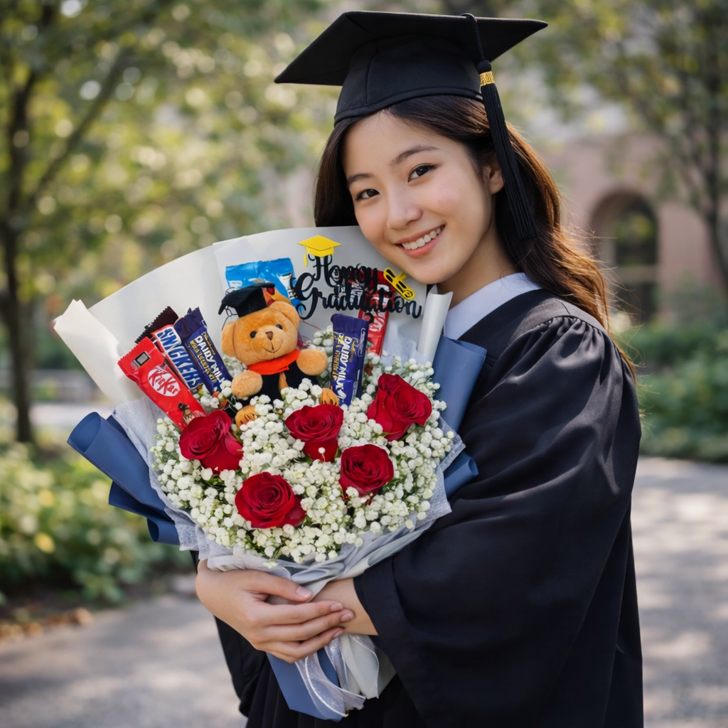 Scholar’s Delight (Roses, Baby's Breath) | Chocolate Bouquet
