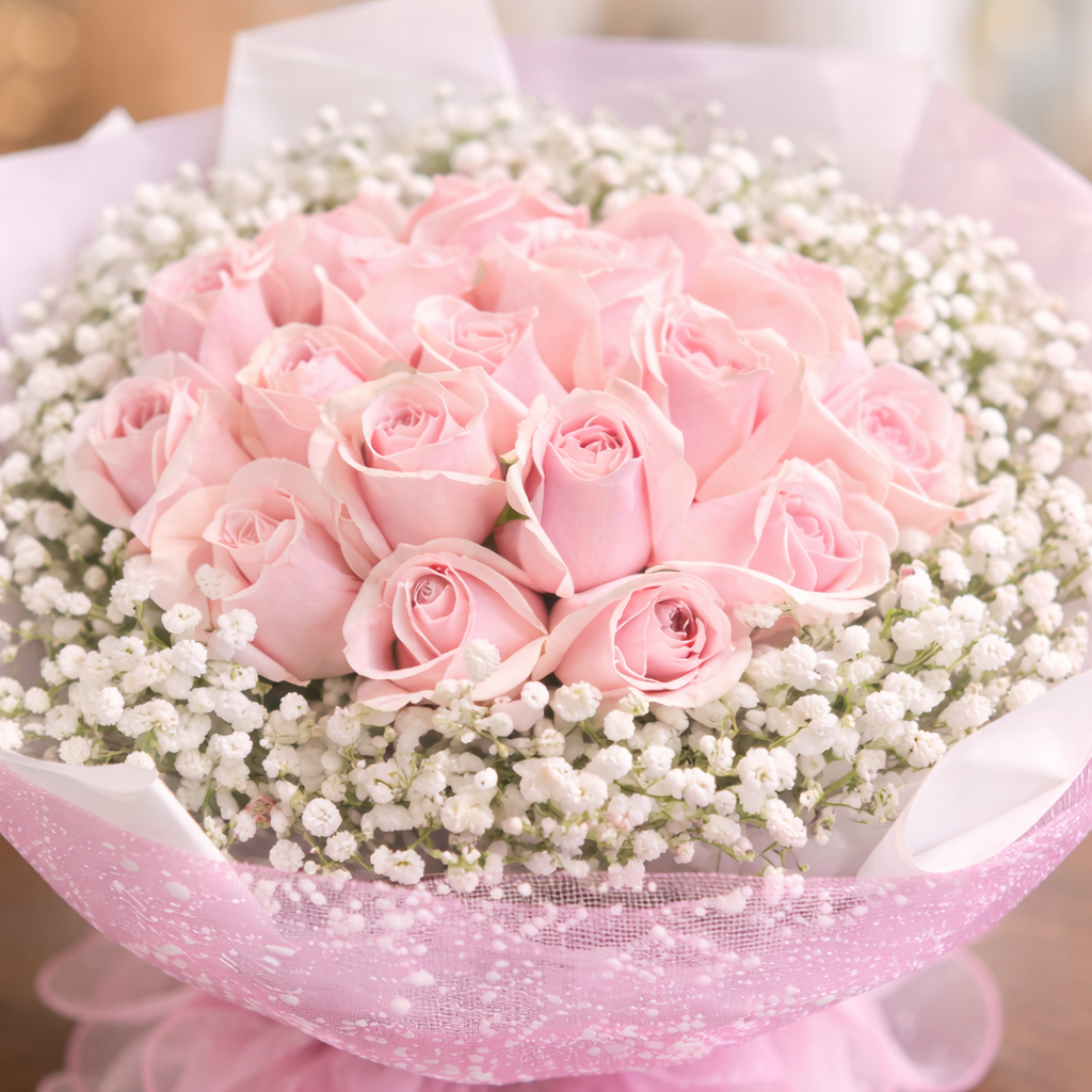 Sugar Cloud (Pink Roses, Baby’s Breath) | Fresh Flower Bouquet
