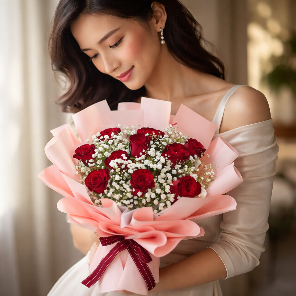 Velvet Bloom (Roses, Baby's Breath) | Fresh Flower Bouquet