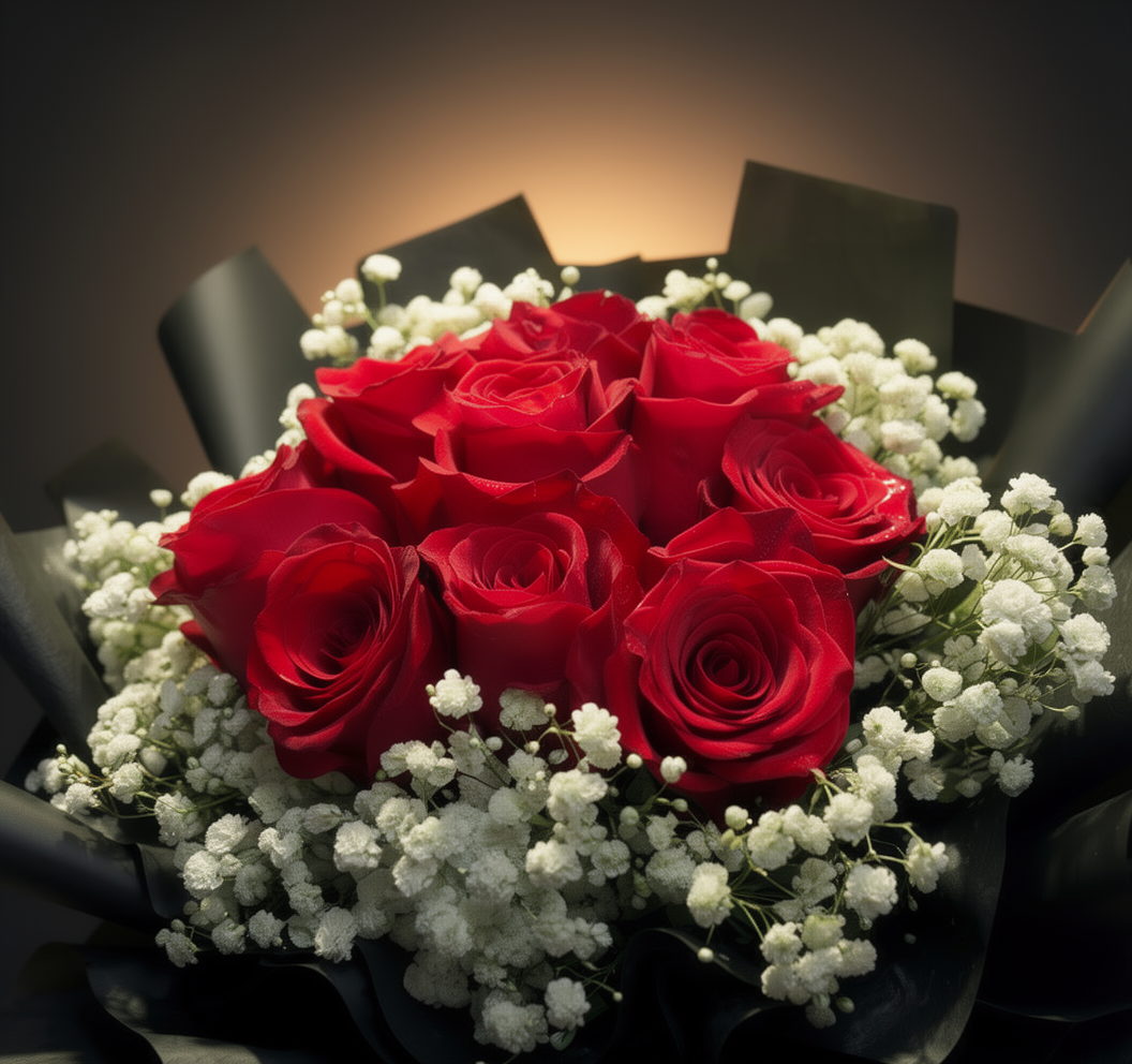 Midnight Ember (Roses, Baby's Breath) | Fresh Bouquet