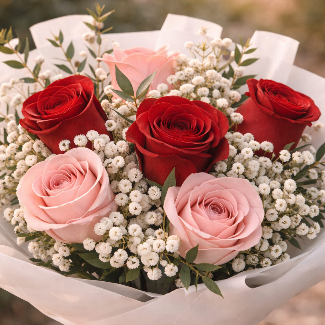 Velvet Petal Poise (Roses, Baby's Breath) | Fresh Flower Bouquet