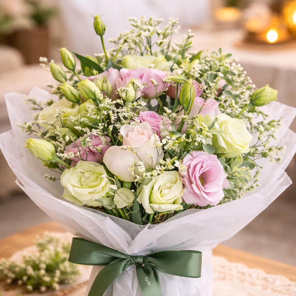 Verdant Whisper (Rose, Eustoma) | Hari Raya Flowers