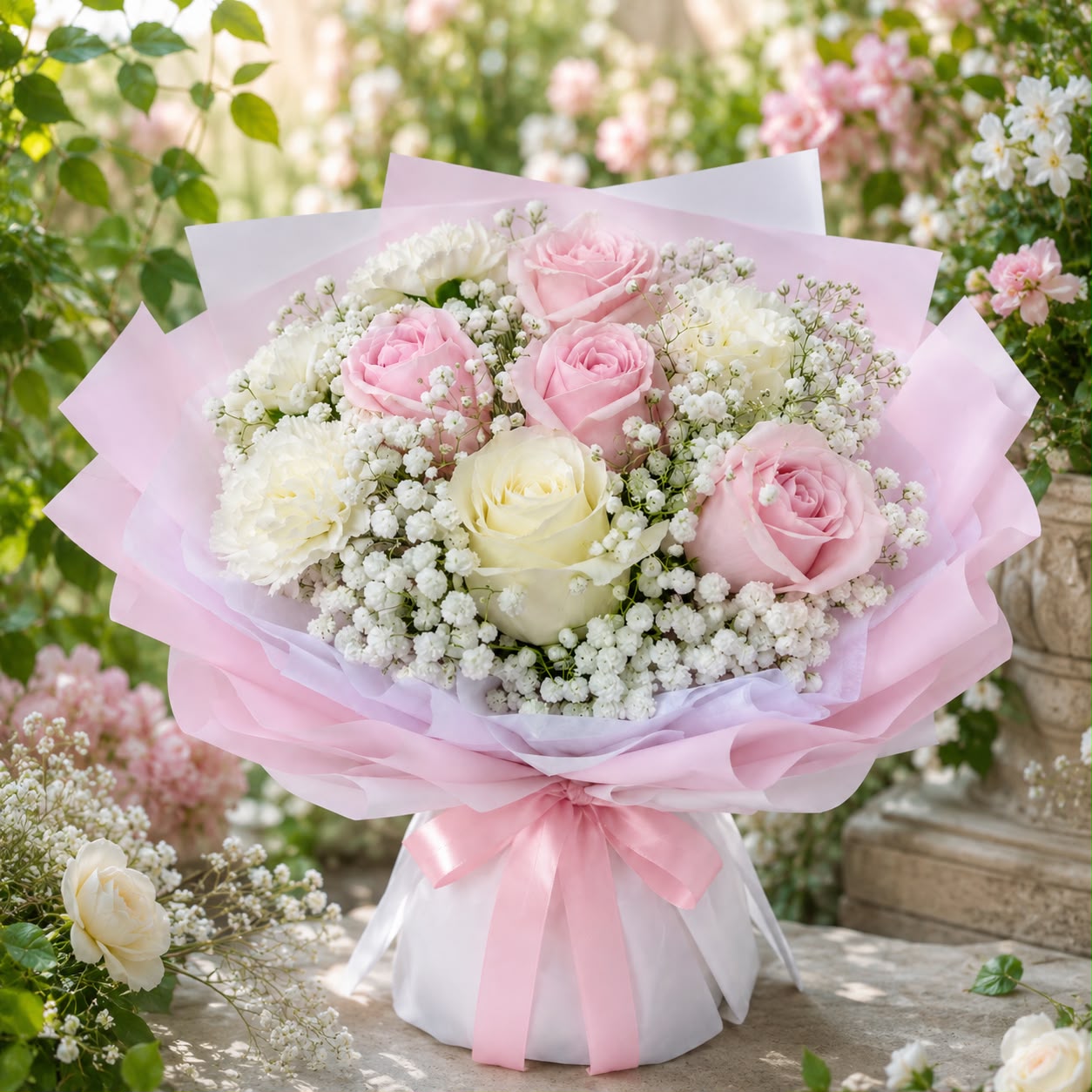 Pink Whisper (Roses, Baby's Breath) | Fresh Flower Bouquet