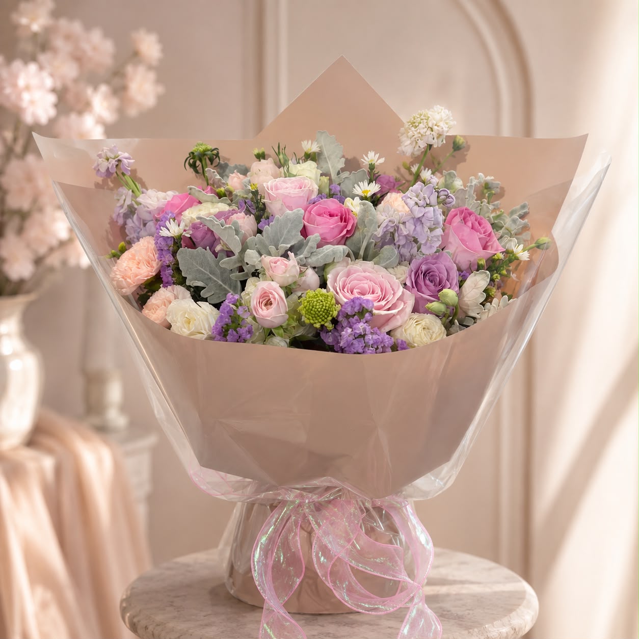 Lavender Blush (Roses, Eustoma, Statice) | Fresh Flower Bouquet