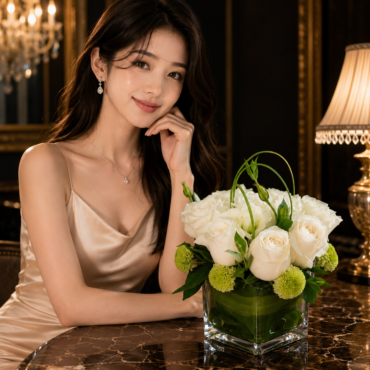 Snow Fern Echo (White Roses, Chrysanthemums) | Vase Flower Arrangement