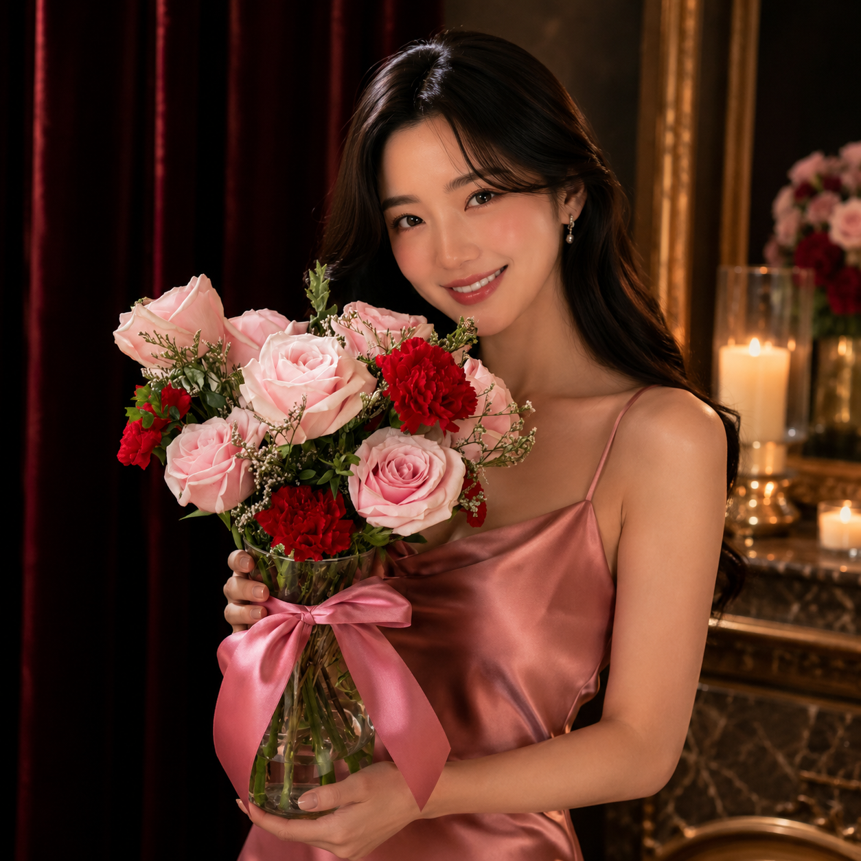 Blissmoor Kiss (Pink Roses, Lavender, Red Carnations) | Flower Vase Arrangement