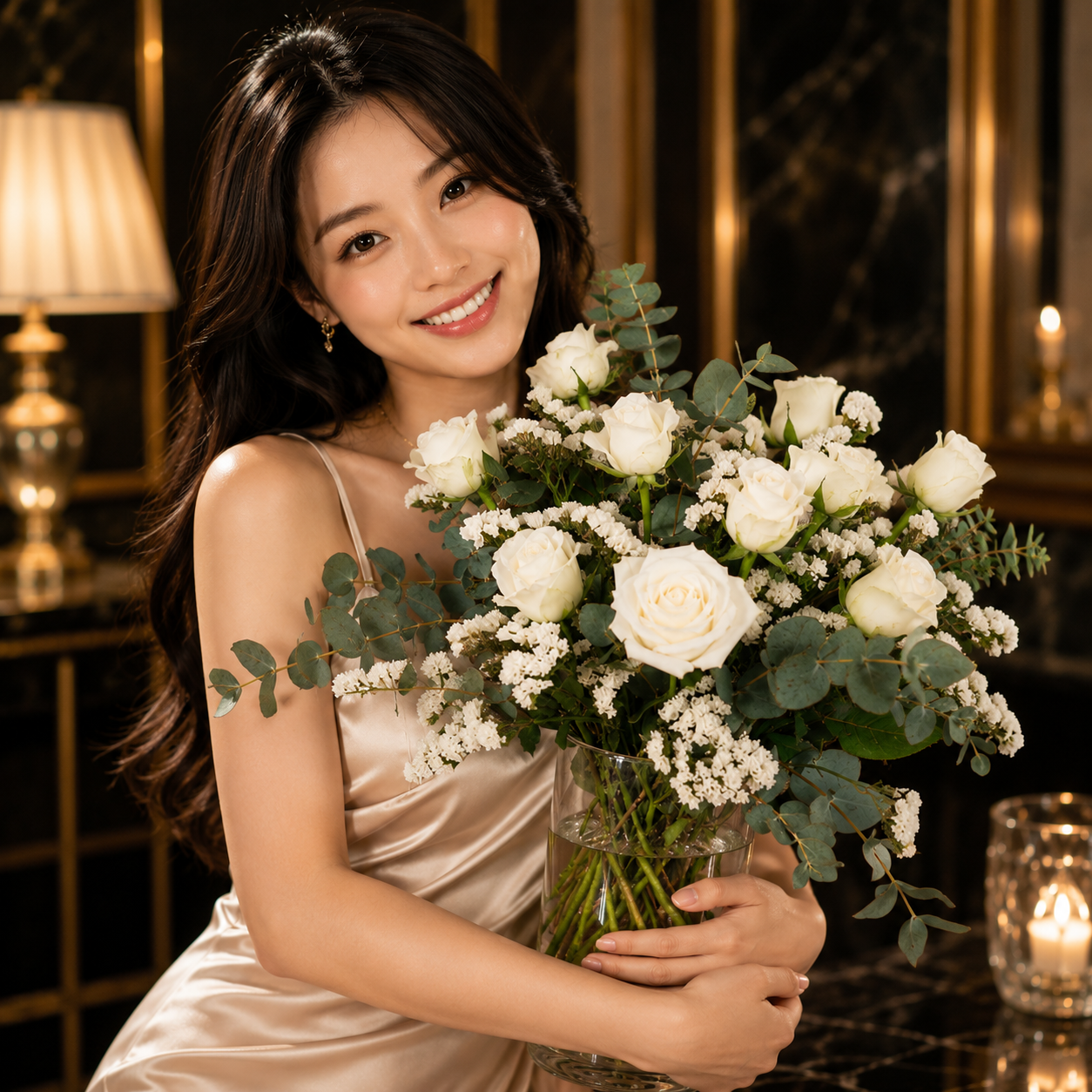 Winter Elowyn (White Roses, Eucalyptus Leaves) | Vase Flower Arrangement
