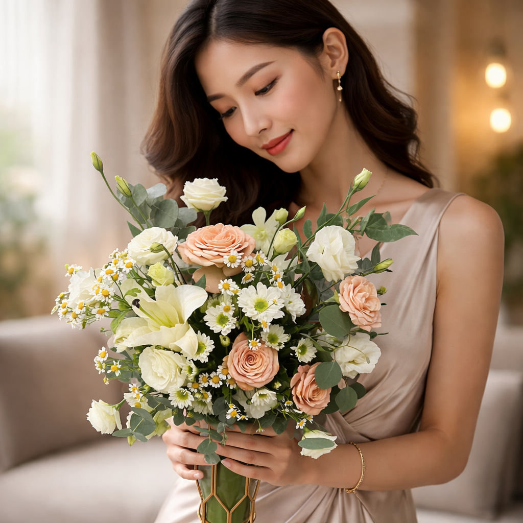 Peach Whisper (Pink Roses, White Lilies, White Gerberas, Chamomile) | Flowers in Vase