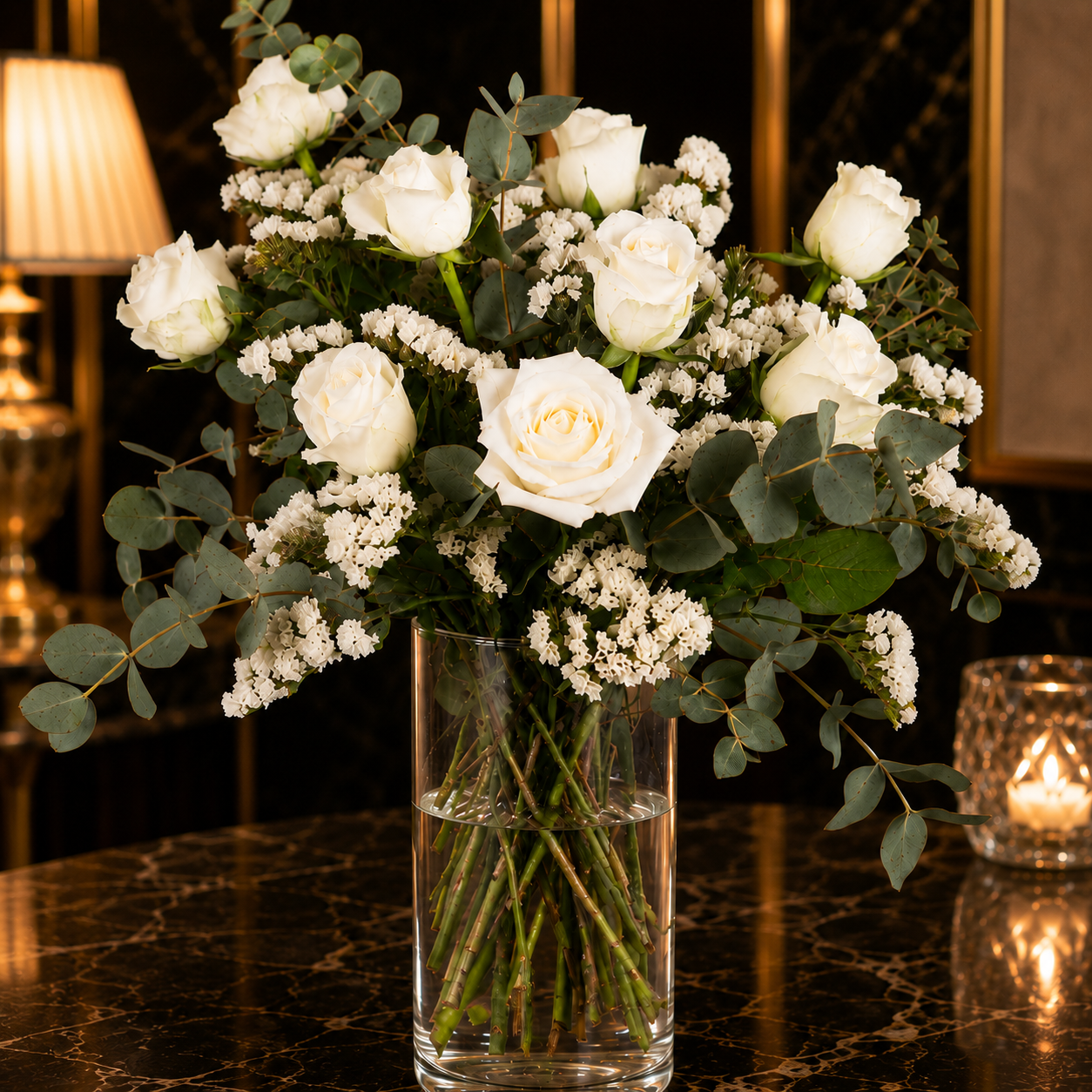 Winter Elowyn (White Roses, Eucalyptus Leaves) | Vase Flower Arrangement