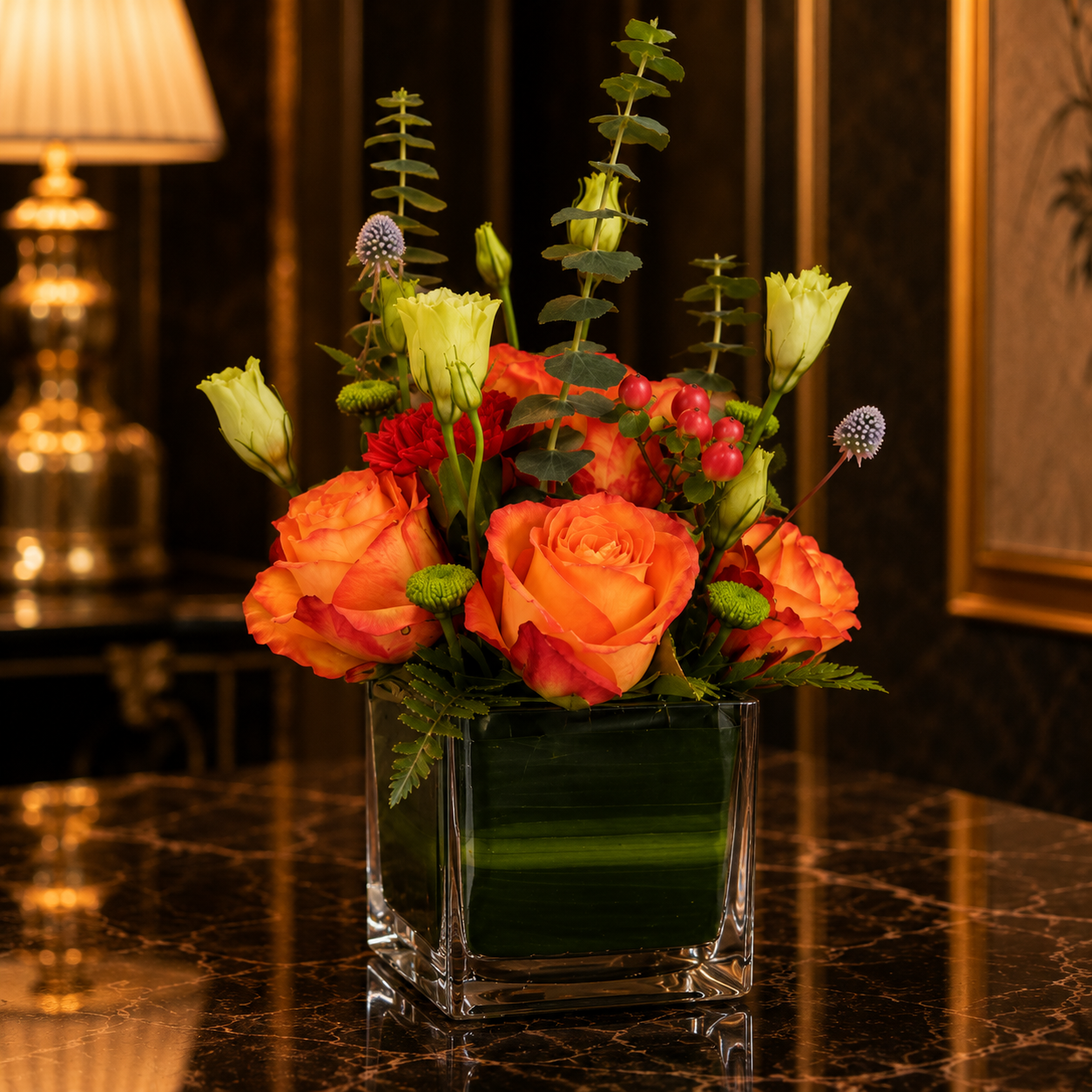 Sunset Charm (Orange Roses, Red Carnations) | Flowers in Vase