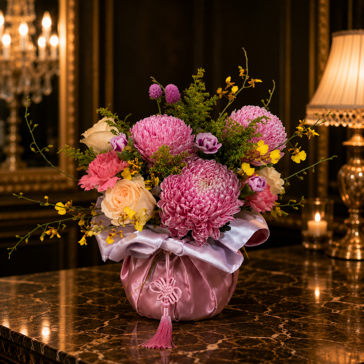 Silken Dawn (Chrysanthemums, Onicidiums, Roses) | Flower Vase Arrangement