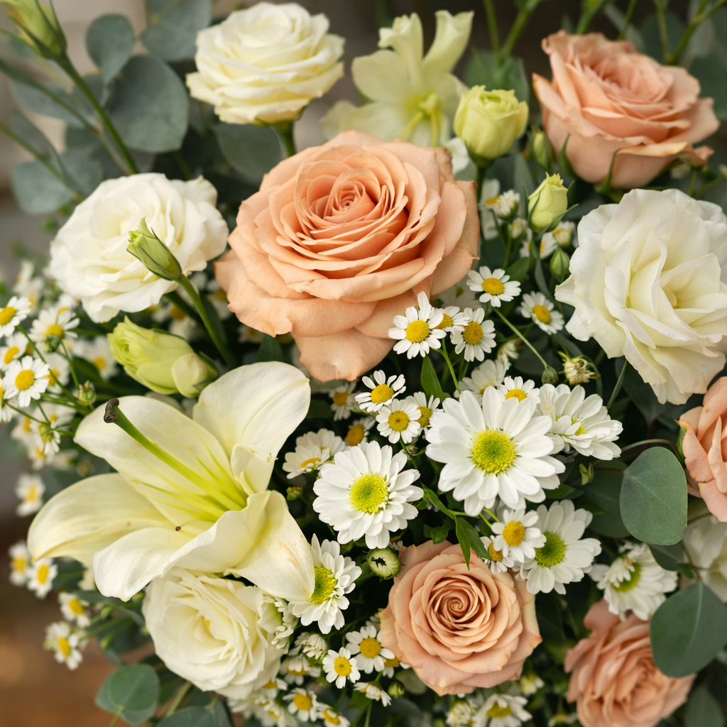 Peach Whisper (Pink Roses, White Lilies, White Gerberas, Chamomile) | Flowers in Vase