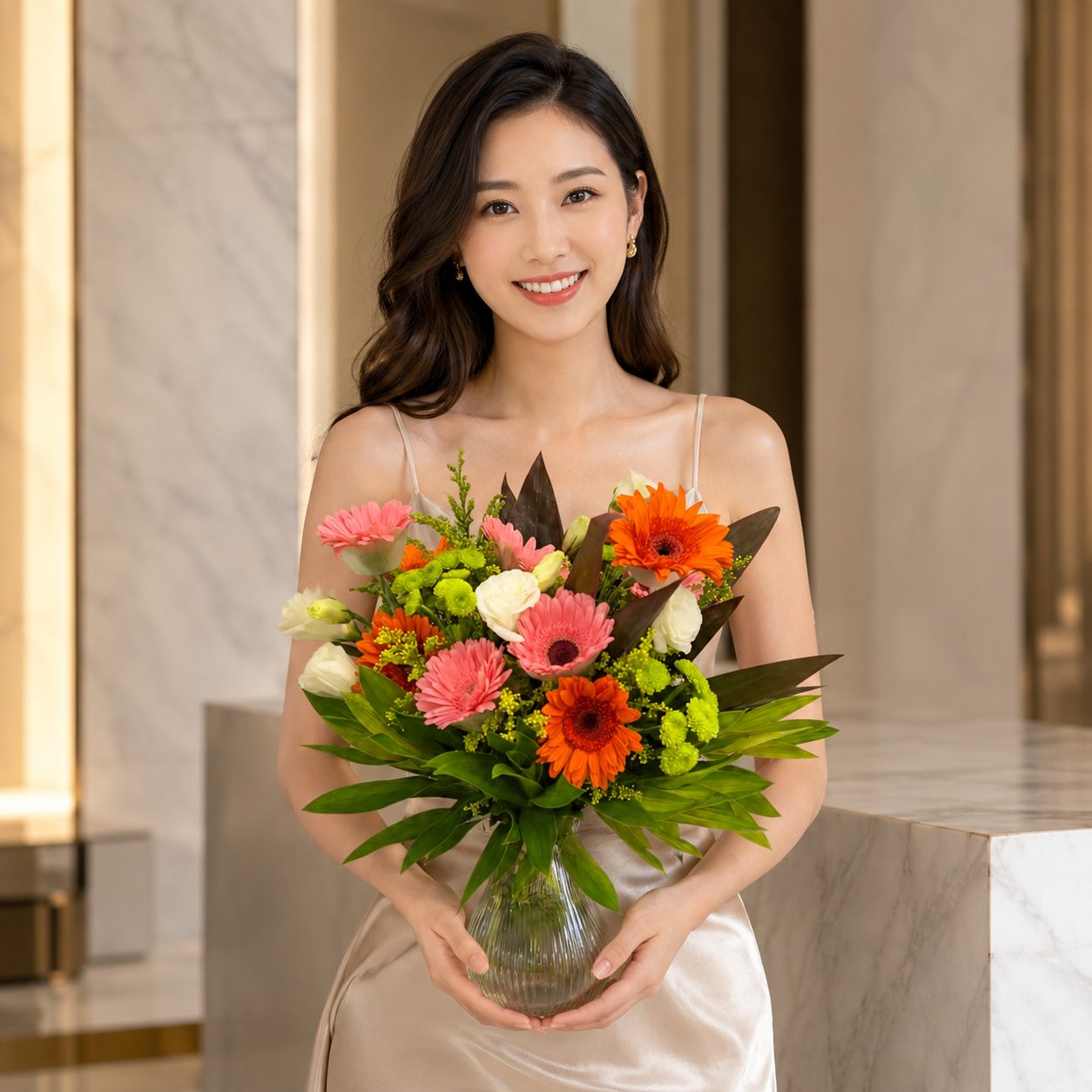 Amber Carousel (Gerberas, Lisianthus, Chrysanthemums) | Vase Flower Arrangement