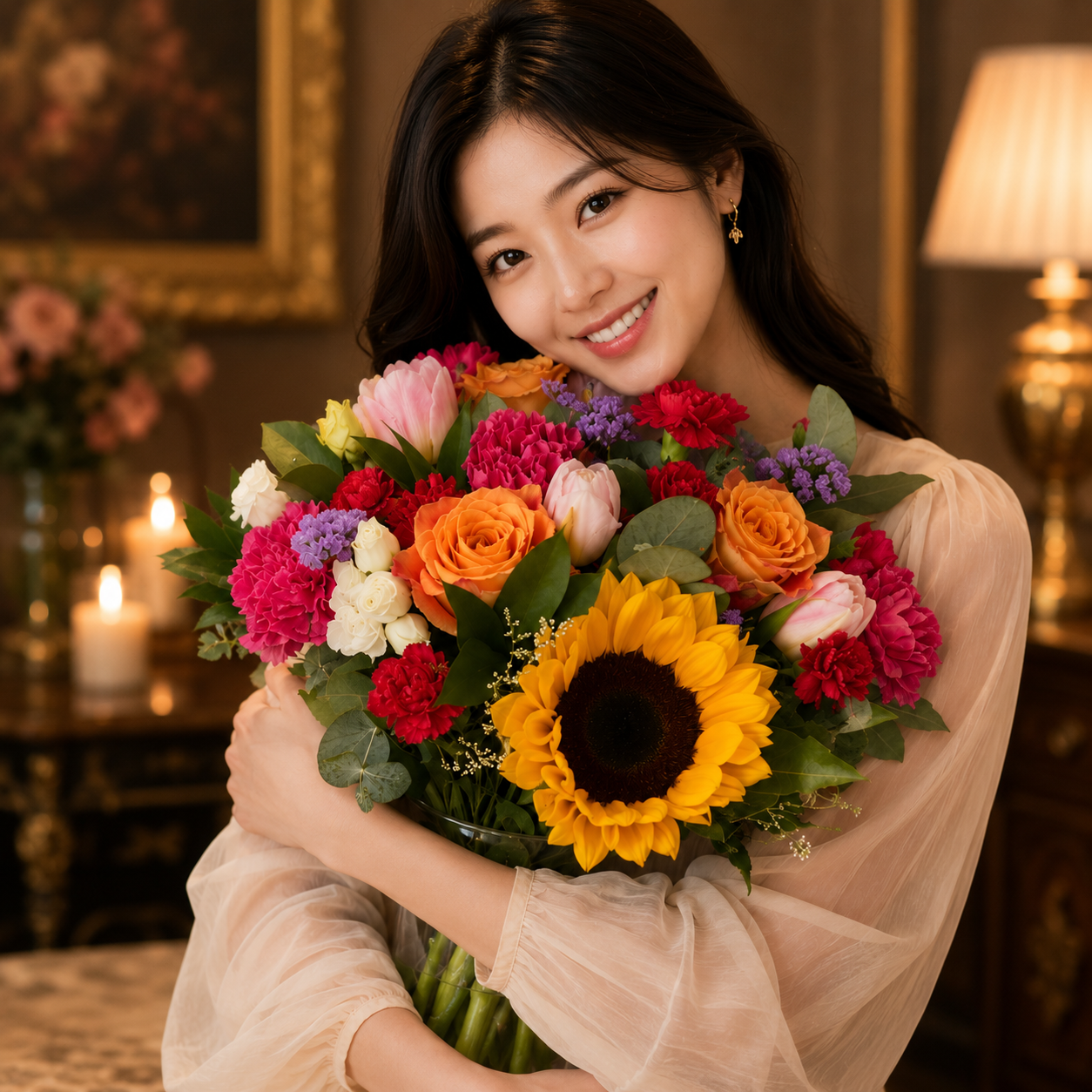 Golden Waltz (Sunflowers, Tulips, Roses, Carnations) | Vase Flower Arrangement