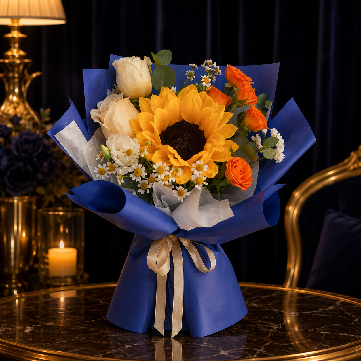 Azure Bloomlight (Sunflowers, Chamomile, Roses) | Flower Bouquet