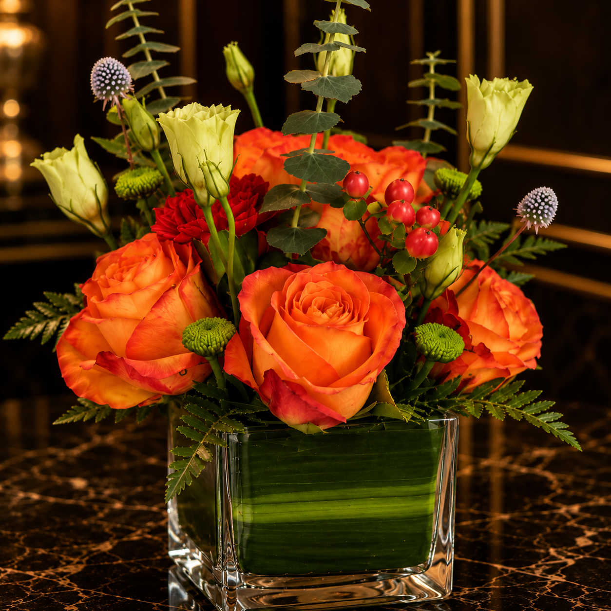 Sunset Charm (Orange Roses, Red Carnations) | Flowers in Vase