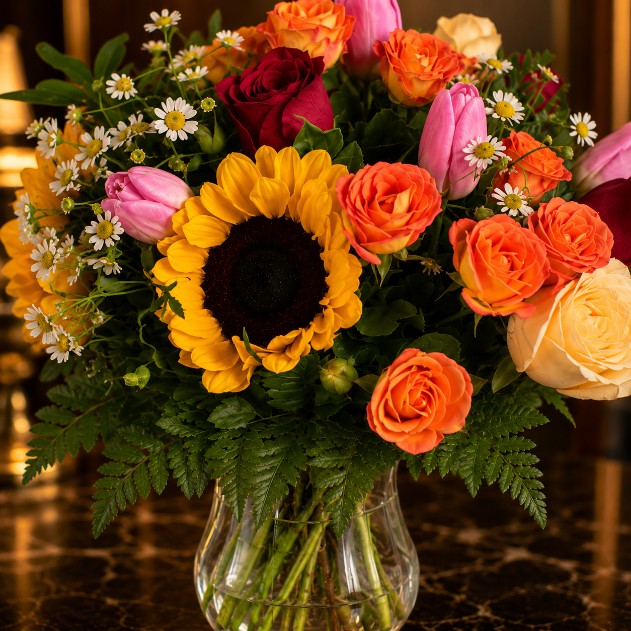Solstice Whim (Sunflowers, Roses, Tulips) | Flowers in Vase