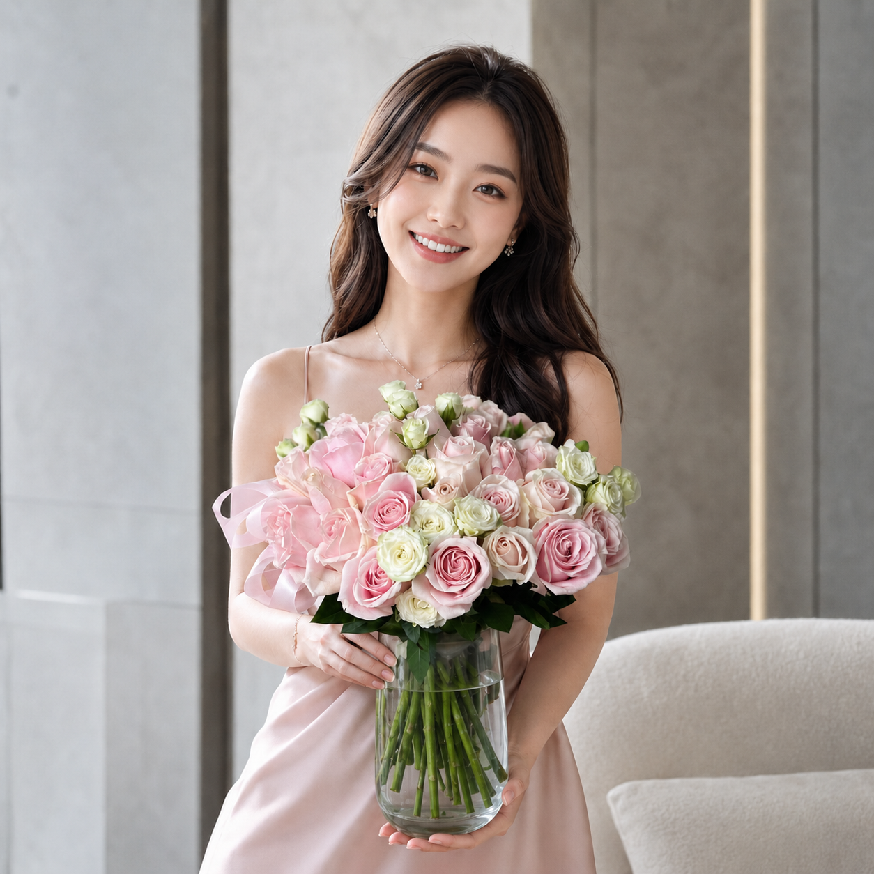 Willow Mirth (Pink Roses) | Vase Flower Arrangement