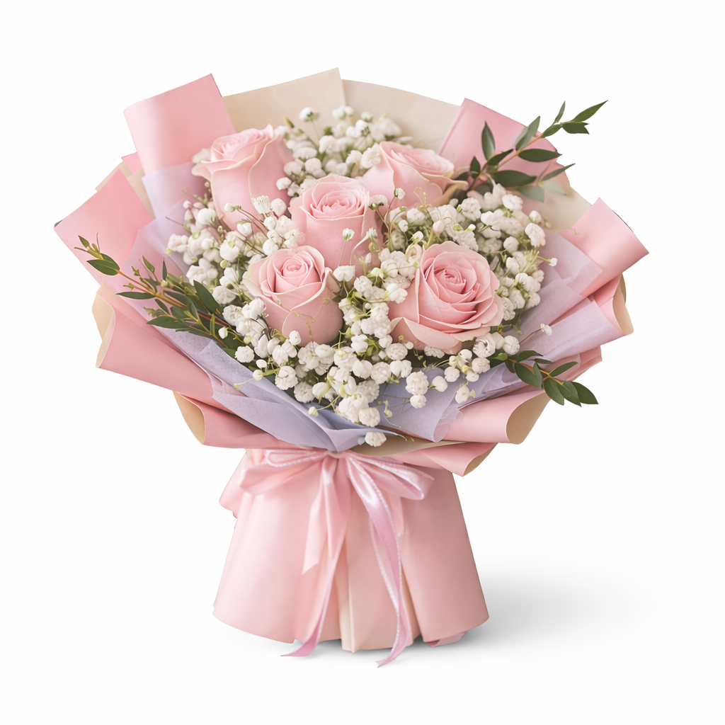 Morning Blush (Roses, Baby's Breath) | Fresh Flower Bouquet