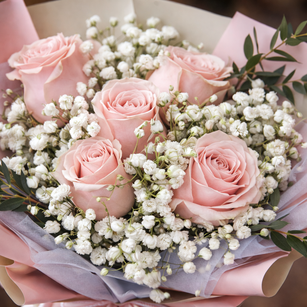 Morning Blush (Roses, Baby's Breath) | Fresh Flower Bouquet