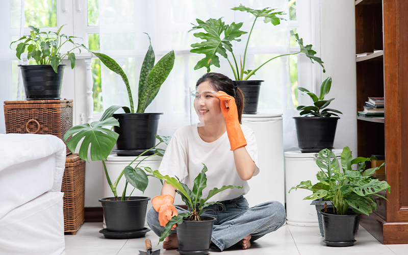 A woman smiling while gardening indoor plants for stress relief.