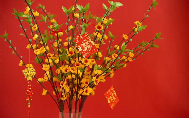 Chinese New Year display featuring yellow Pussy Willow blossoms