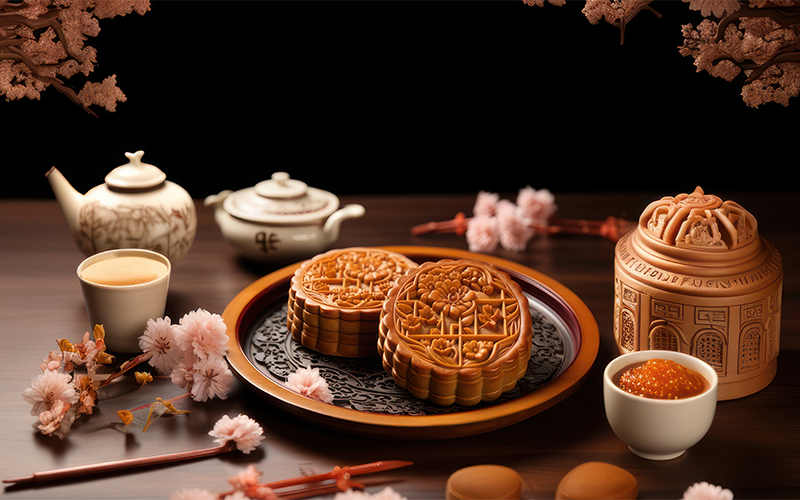 Mooncakes, tea set, and pink floral decorations for Mid-Autumn