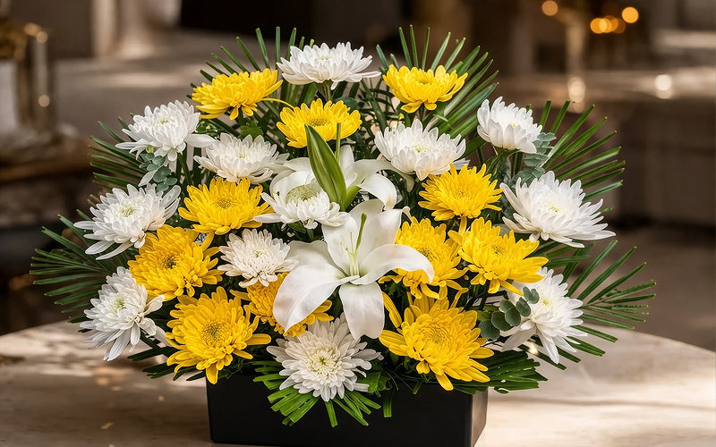 White lilies and yellow chrysanthemums bereavement flower arrangement