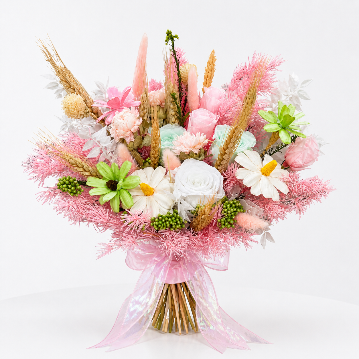 Pastel Rhapsody (Daisies, Wheat, Pink Roses) | Preserved Flower Bouquet