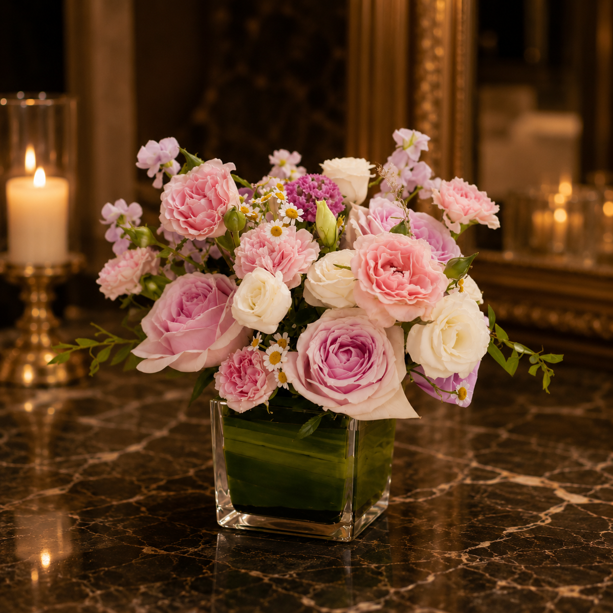 Blush Aura (Pink Roses, White Roses, Chamomile) | Flower Vase Arrangement