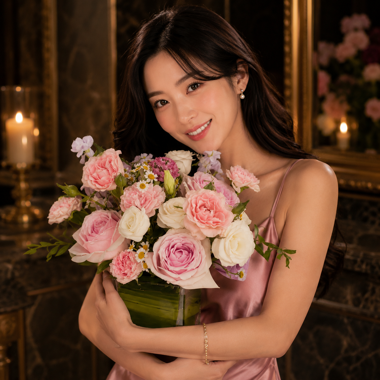 Blush Aura (Pink Roses, White Roses, Chamomile) | Flower Vase Arrangement