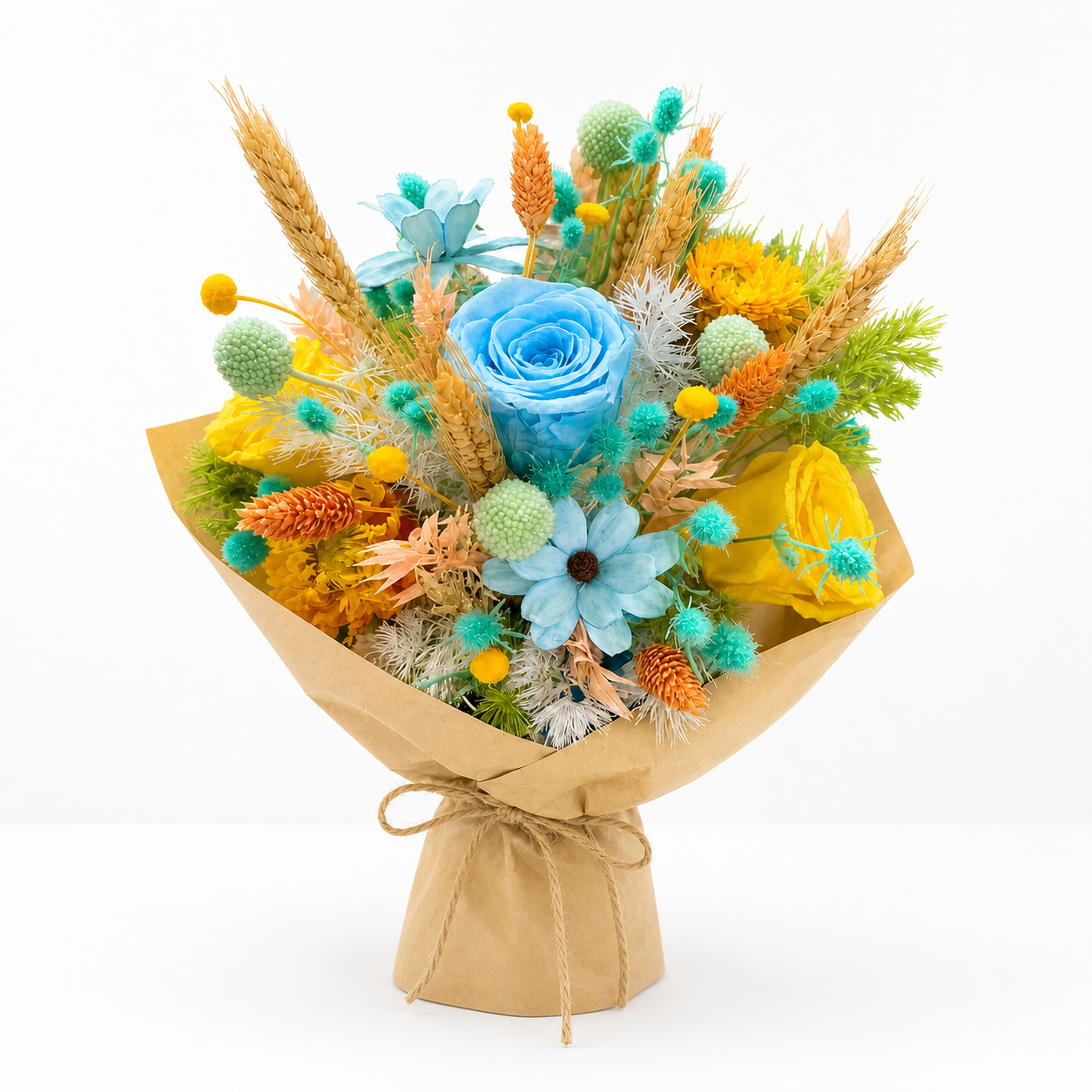 Coastal Harmony (Blue Roses, Wheat) | Preserved Flower Bouquet