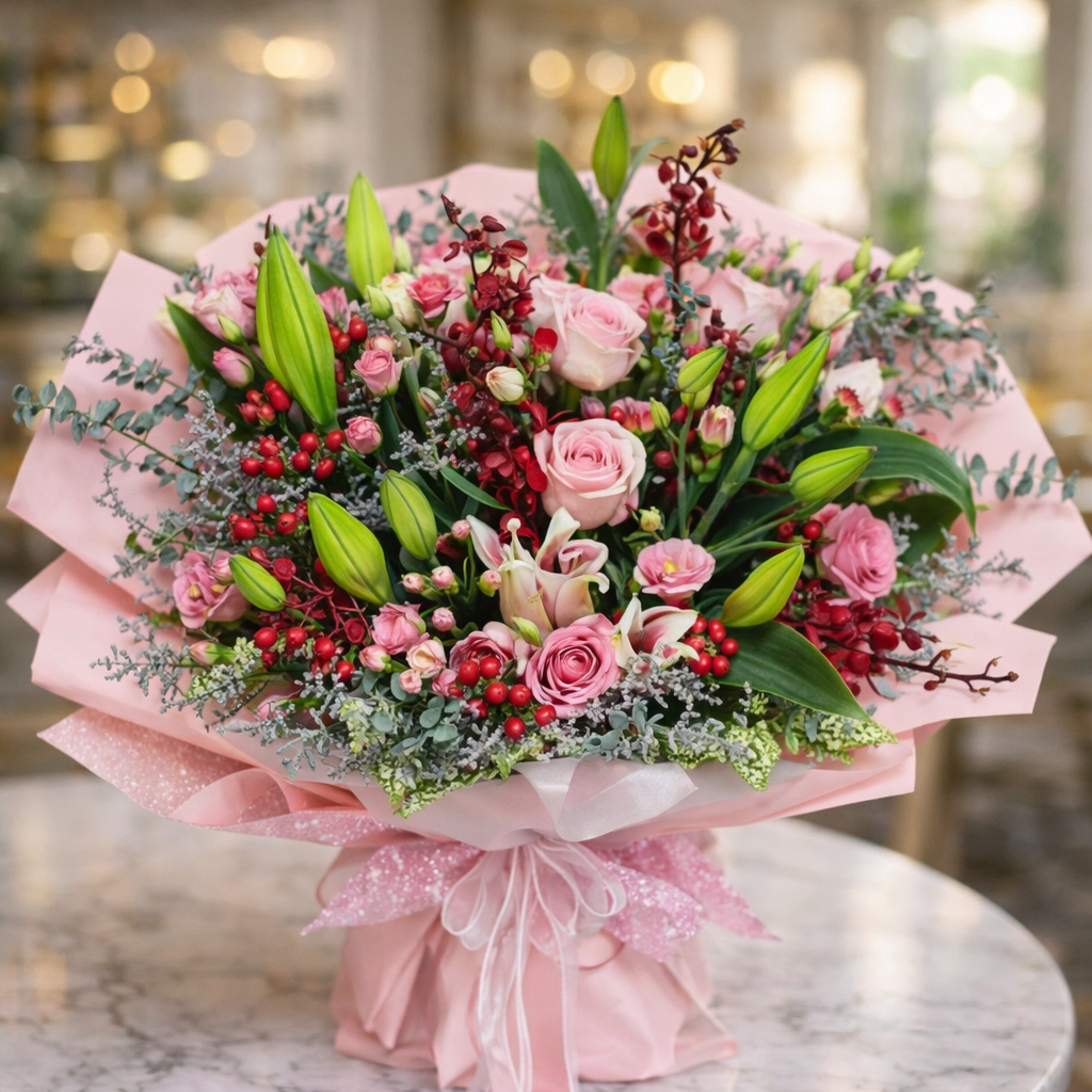 Pink Sonata (Roses, Lisianthus, Lilies) | Fresh Flower Bouquet
