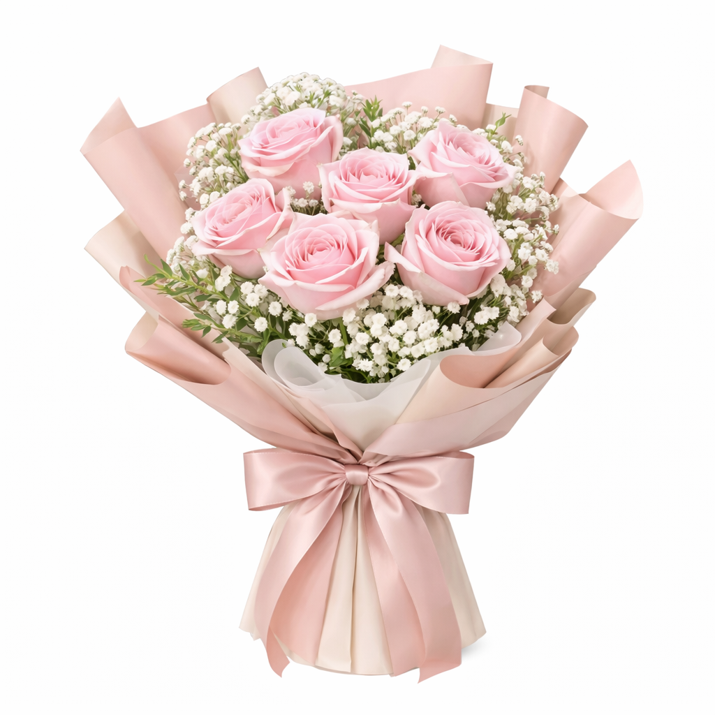 Morning Blush (Roses, Baby's Breath) | Fresh Flower Bouquet