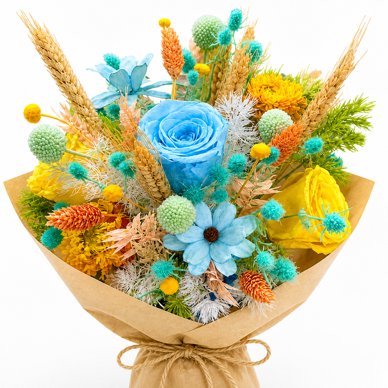 Coastal Harmony (Blue Roses, Wheat) | Preserved Flower Bouquet